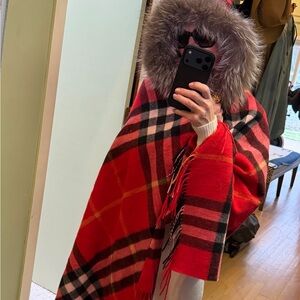 Designer Red and Black Plaid Wool Cape with Fur Trim Hood